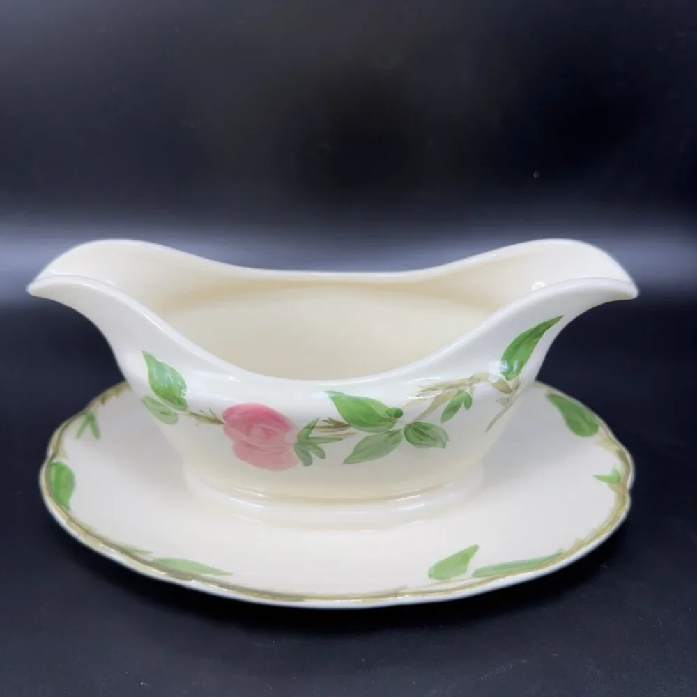 Franciscan Pottery Desert Rose Gravy Boat Attached Plate Dish‎ Salsa Bowl Marked